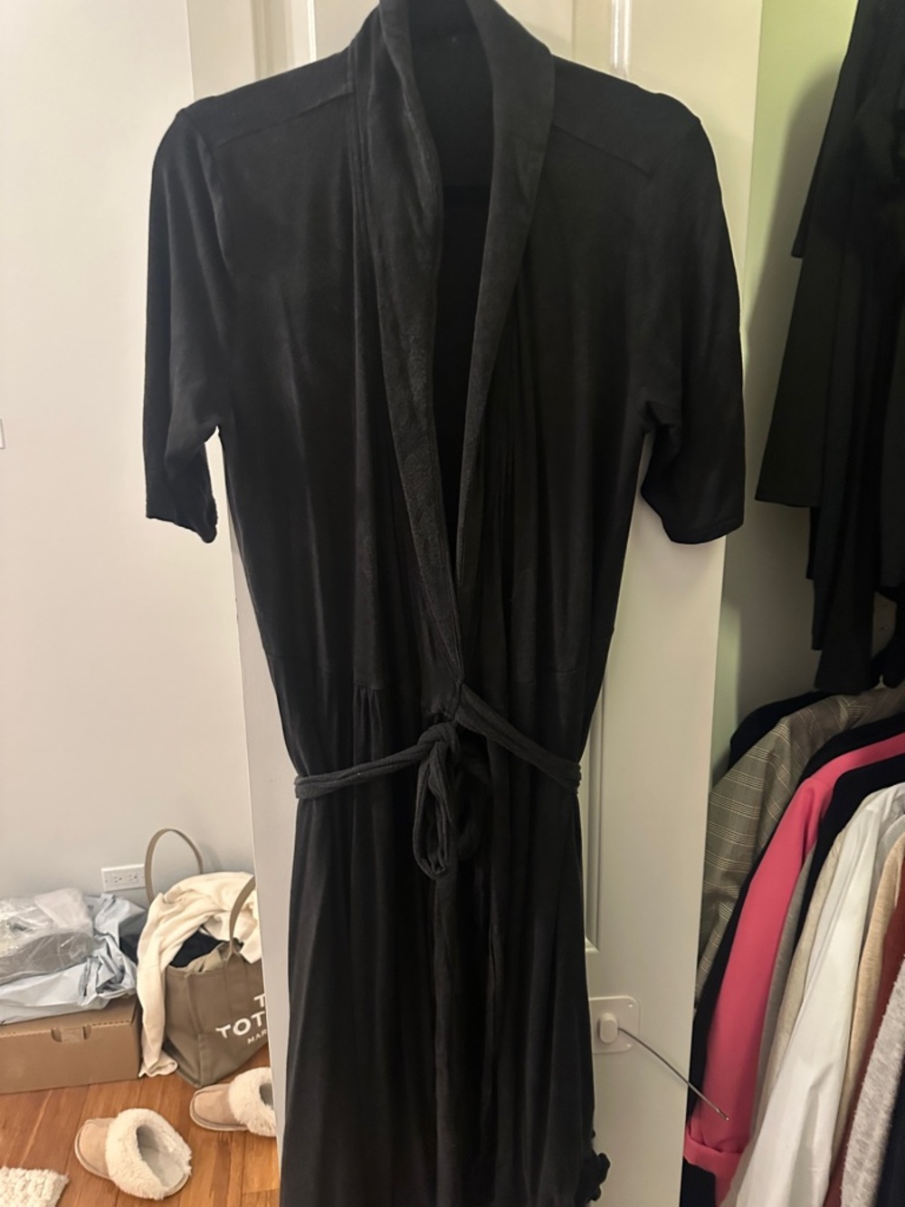 Quince Black Short-Sleeve Tie-Waist Midi Dress